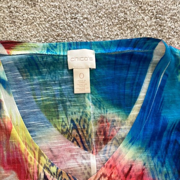 Y2k Floral Vibrant Artsy Asymmetrical Hem Colorful Flowy Tunic Top w Rhinestones - Picture 4 of 9